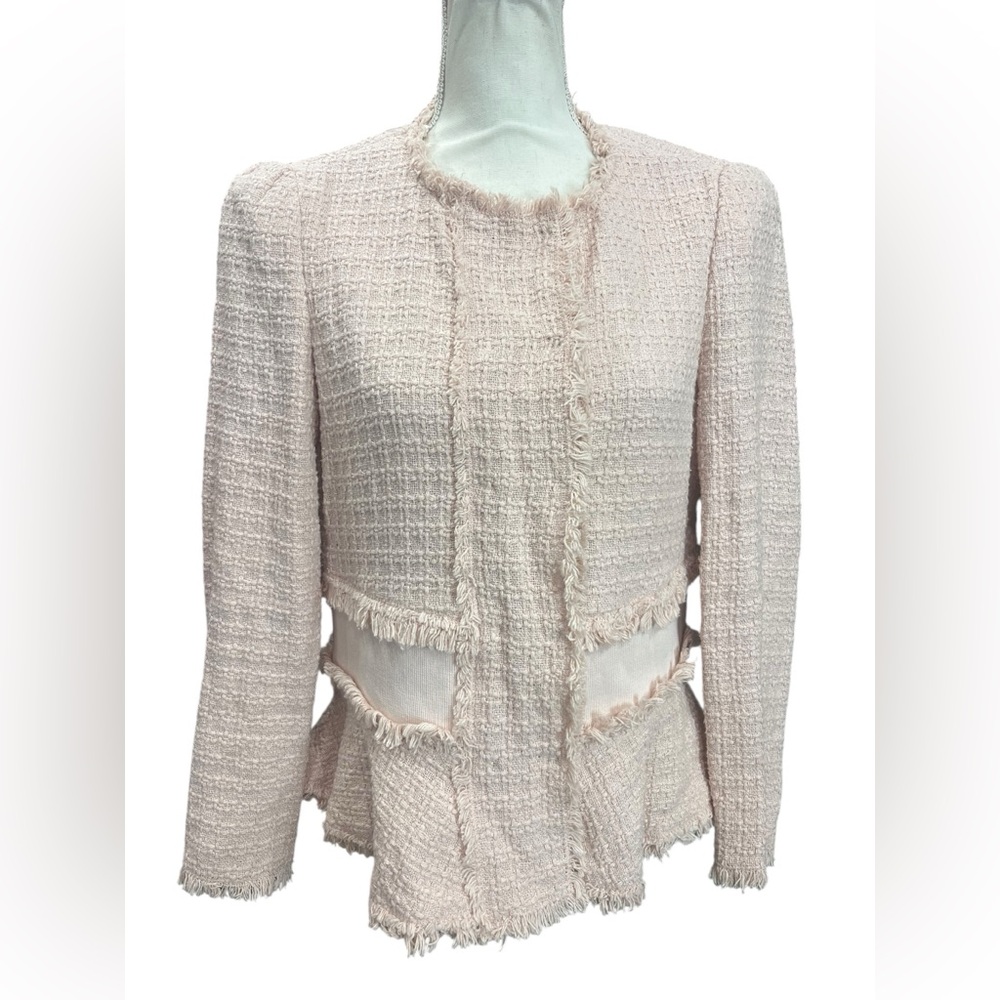 Rebecca Taylor Pink Bouclé Tweed Peplum Blazer Fringe Jacket Women’s 10 - Picture 2 of 13